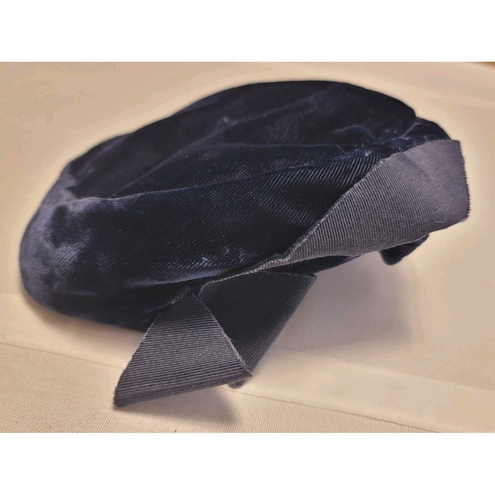 Vintage Navy Blue Velvet Hat Womens 1950s 1960s Pillbox Bow Mid Century